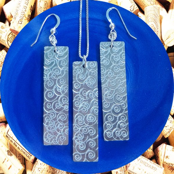 Large Rectangular Swirl Aluminum Earrings and Pendant Set by Kimi Designs