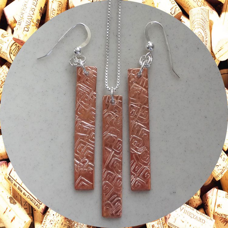Medium Rectangular Square Swirl Copper Earrings and Necklace Set Kimi
