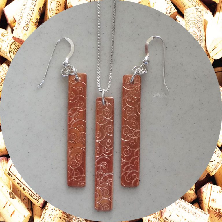 Medium Rectangular Swirl Copper Earrings and Necklace Set Kimi Designs