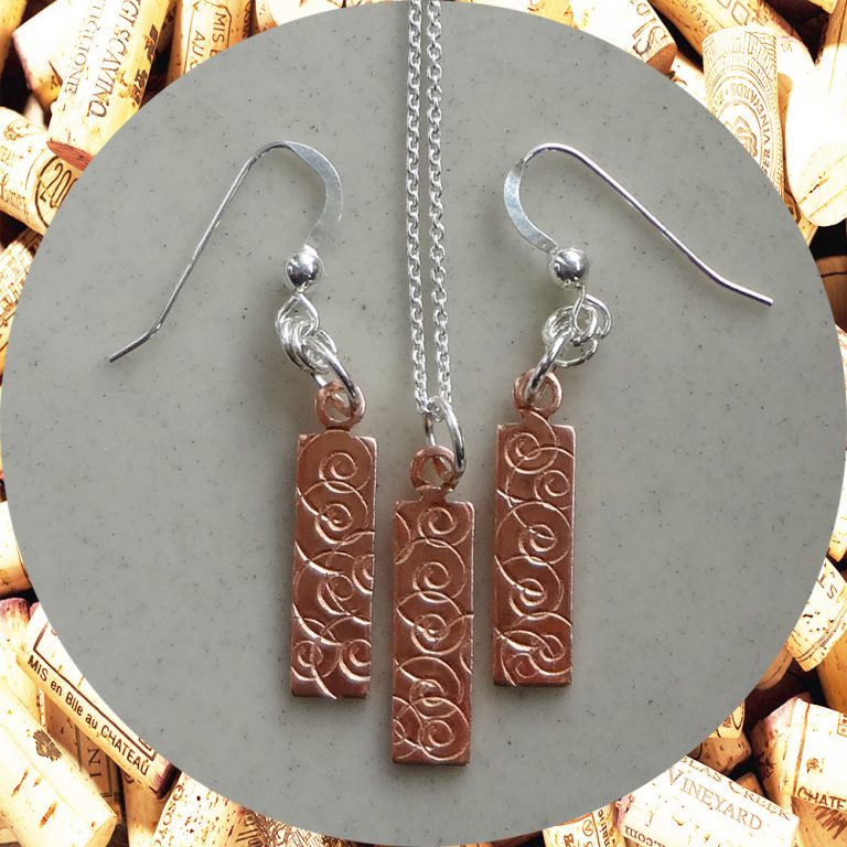 Small Rectangular Swirl Copper Earrings and Necklace Set Kimi Designs