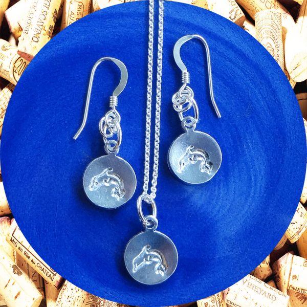 Small Round Dolphin Print Aluminum Earrings and Necklace Set by Kimi Designs