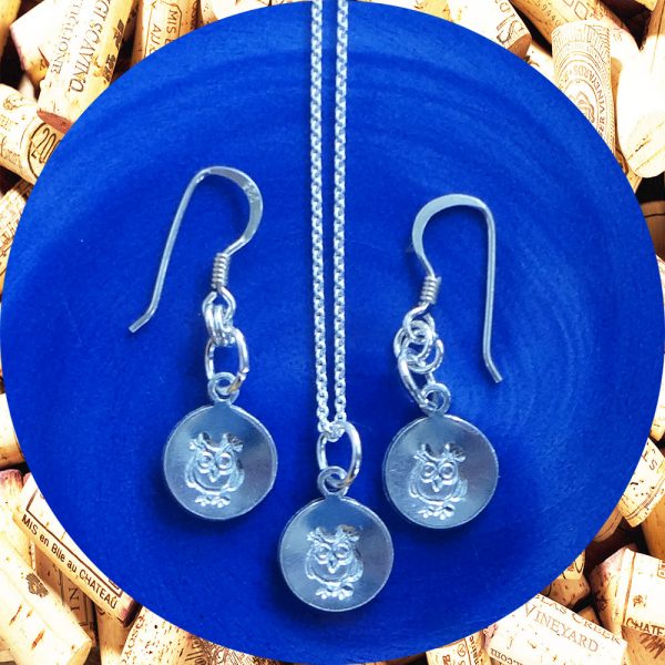 Small Round Owl Earrings and Necklace Set by Kimi Designs