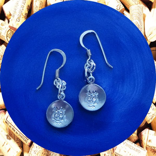 Small Round Owl Print Aluminum Earrings by Kimi Designs