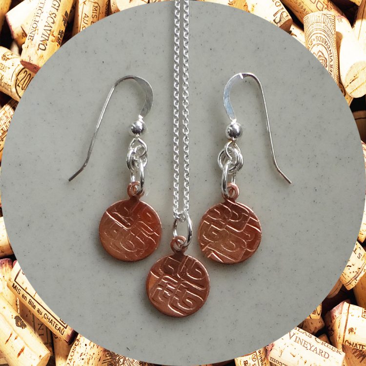 Small Round Square Swirl Copper Pendant Earrings and Necklace Set