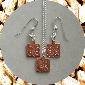 Small Swirl Square Copper Earrings and Pendant Necklace Set by Kimi Designs