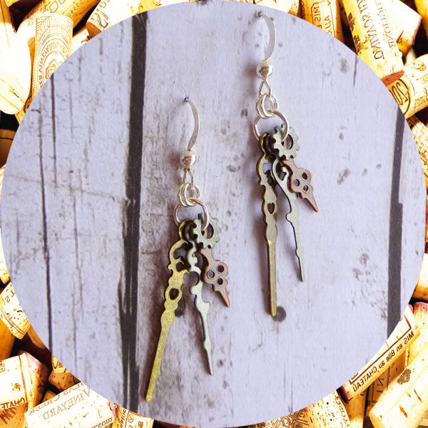 Small Tri-Metal Clock Hand Earrings Industrial Chic by Kimi Designs - Steampunk