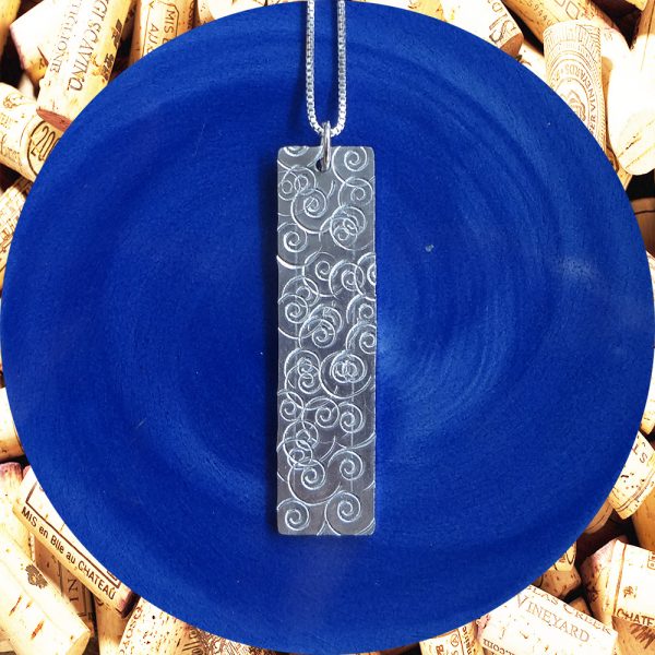 Wide Medium Rectangular Swirl Aluminum Pendant Necklace by Kimi Designs